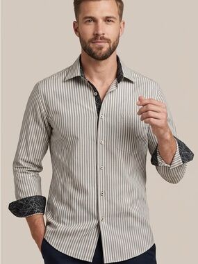 Simon Chang Men's Striped Contrast Cuff Dress Shirt 17 34/35